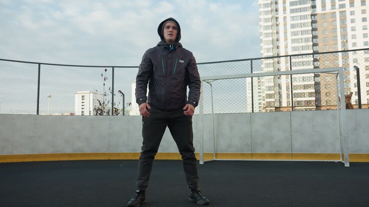Sportsman performing deep squats with hands clasped, focusing on preparation for exercise on outdoor sports ground, soccer ball in foreground, surrounded by urban high buildings and goal post