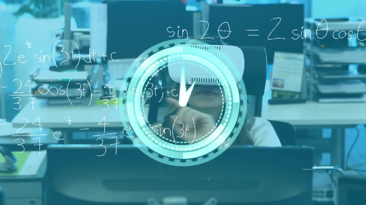 Animation of clock and mathematical formulas over businesswoman using vr headset