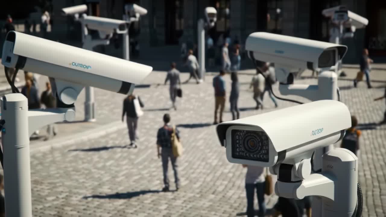 Tecnologia di sorveglianza: uno sguardo affascinante negli spazi pubblici moderni pieni di telecamere a circuito chiuso che monitorano il passaggio pedonale.