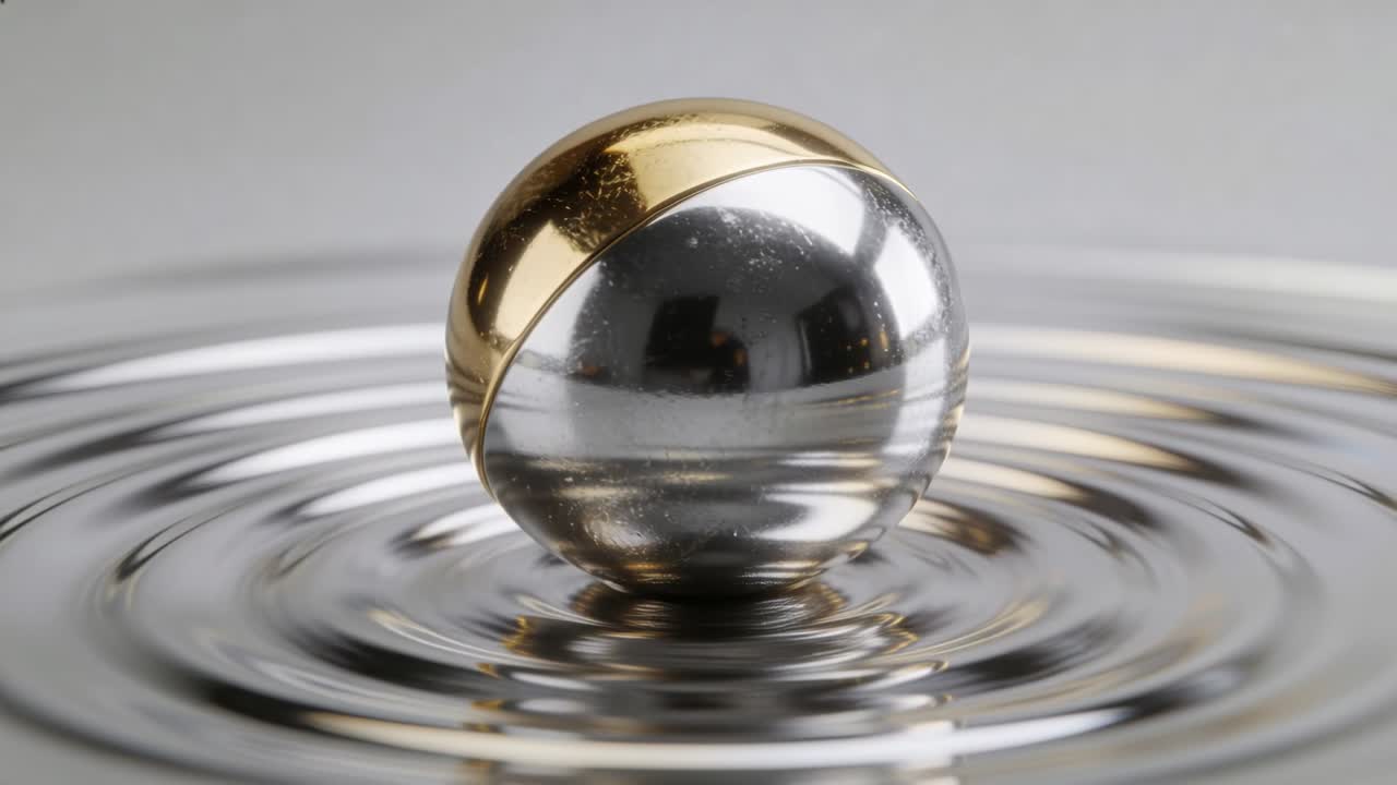 Lowering two-tone sphere approaching liquid pool under studio lights as ripples radiating outward