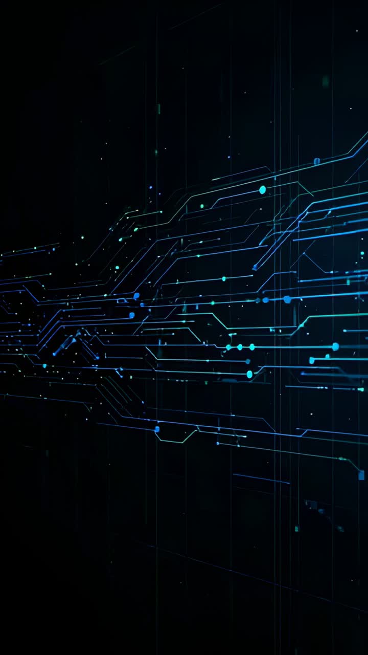 Vertical video: Starting right, teal traces sliding across grid plane, pulsing nodes for data flow