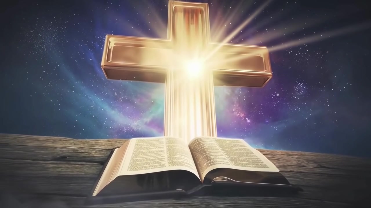 Bibbia aperta poggiata su superficie di legno con sfondo di croce luminosa
