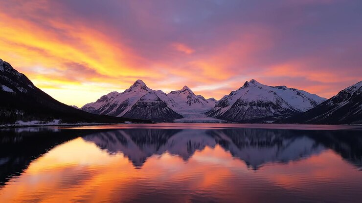 Montagne innevate riflesse in un lago calmo durante un tramonto vibrante