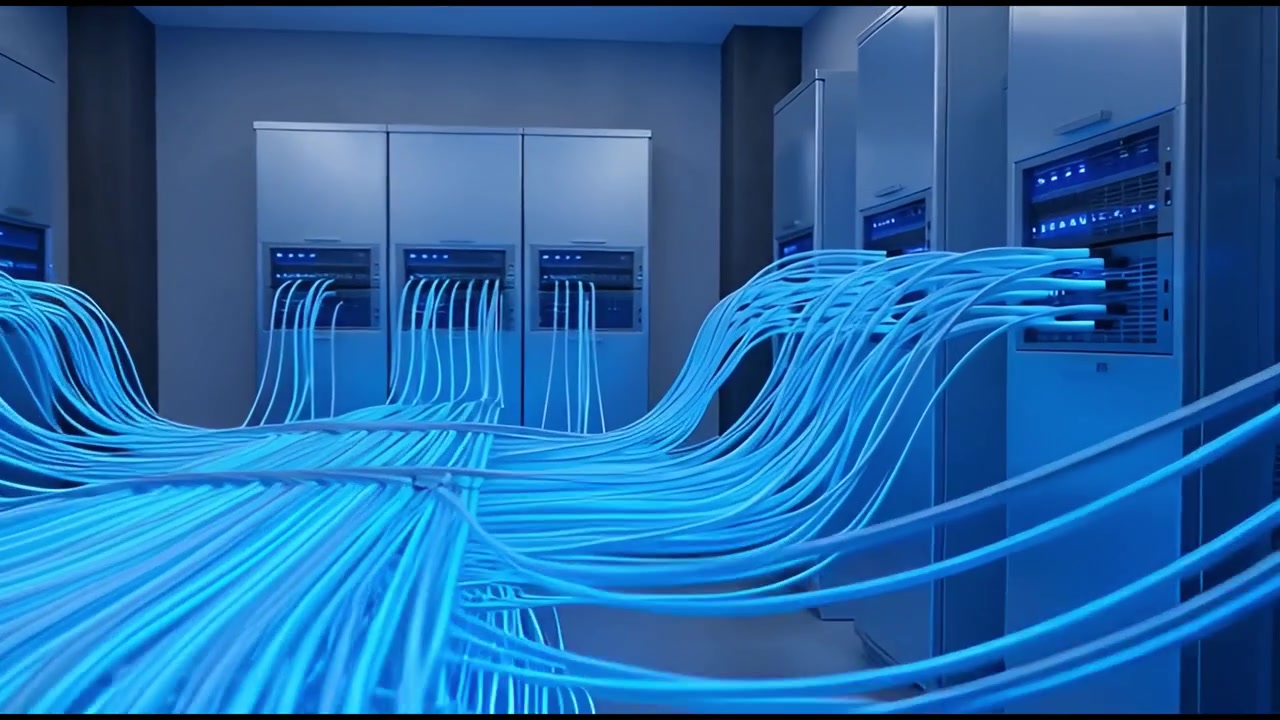Futuristic Server Room with Glowing Blue Data Cables