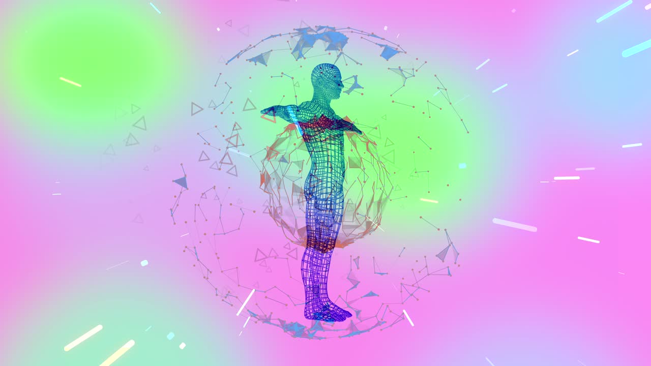 modelo de marco de alambre holográfico humano girando dentro de una esfera de plexo sobre un fondo rosa y verde con partículas lineales flotantes.