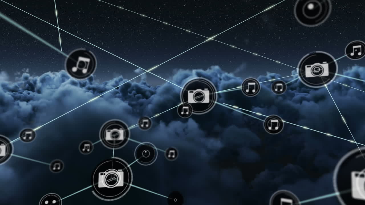 Animazione di reti di connessioni con icone sul cielo