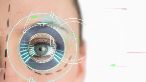 animation of processing circle and data on digital screen over eye of caucasian woman