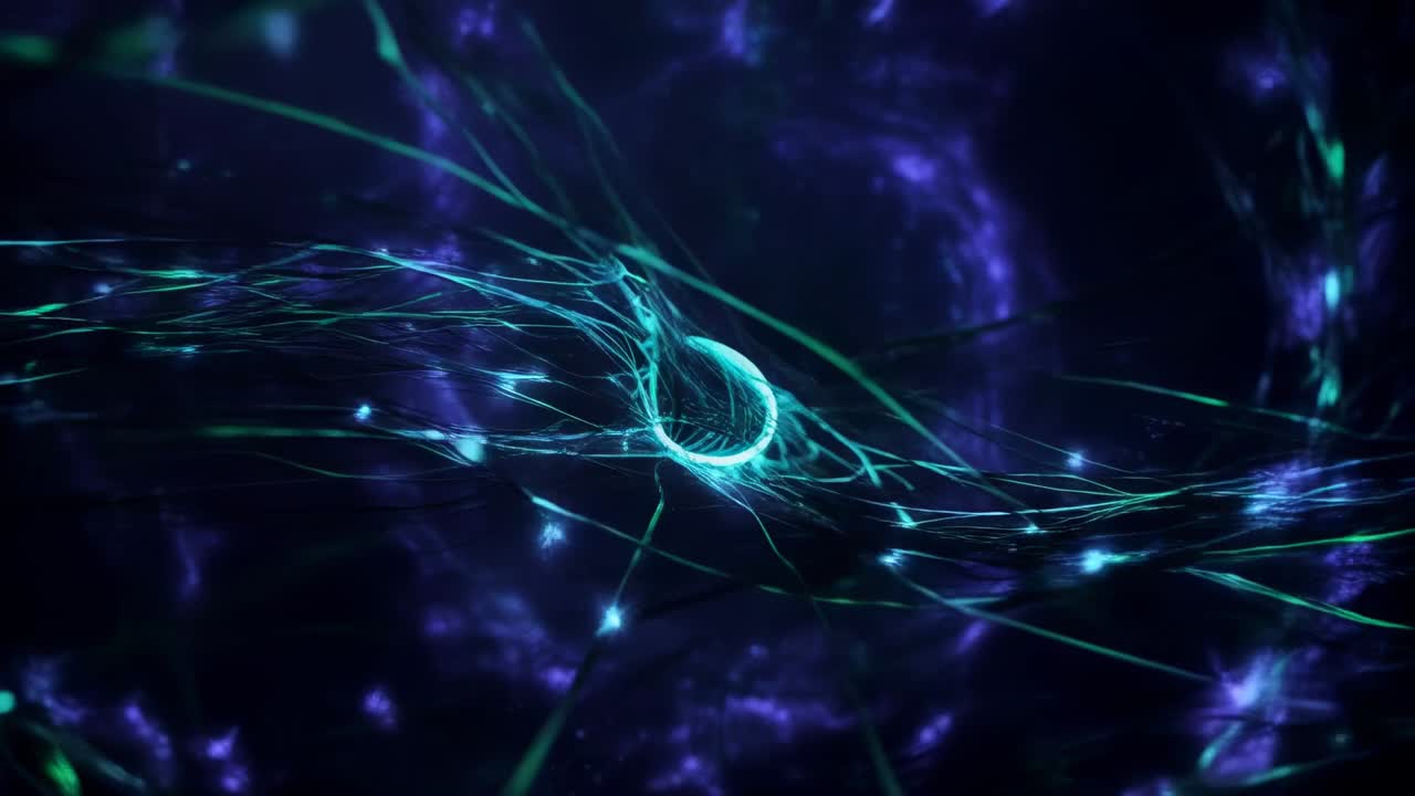 Moving camera revealing teal filament network in purple void, focusing on forming spherical droplet