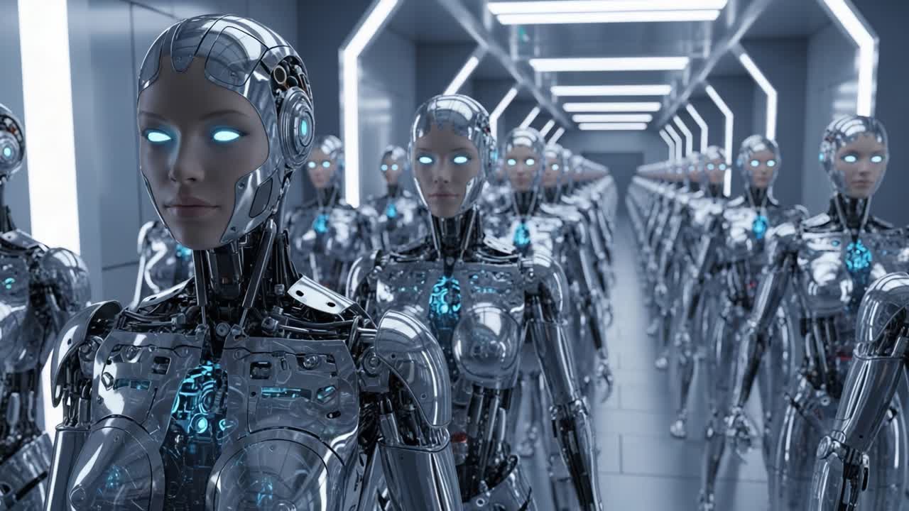 A Lineup of Futuristic Androids: A Dystopian View of Advanced Robotic Technology in a Sleek Environment, Showcasing Synchronicity and High-Tech Design