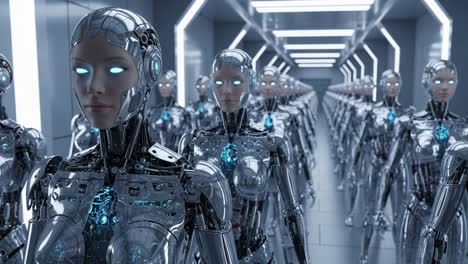 a lineup of futuristic androids: a dystopian view of advanced robotic technology in a sleek environment, showcasing synchronicity and high-tech design