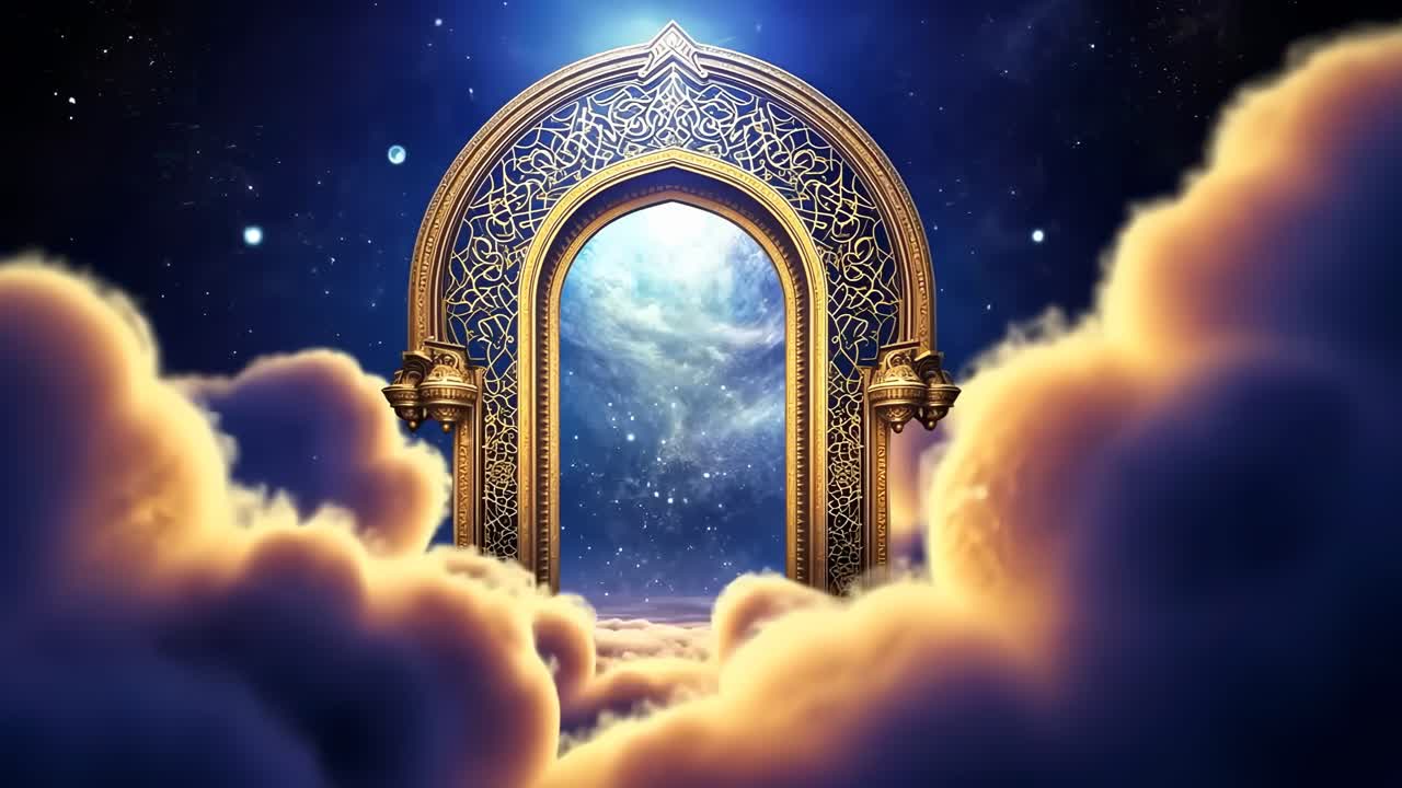 Adegan video mistis dengan sudut pandang rendah dari gerbang emas berornamen di tengah awan