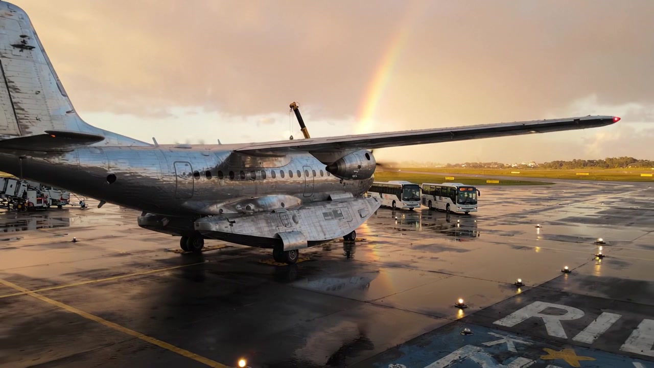 雨に濡れた滑走路に佇む航空機の幻想的な眺め。鮮やかな虹が空を照らし、旅と冒険の本質を捉えています