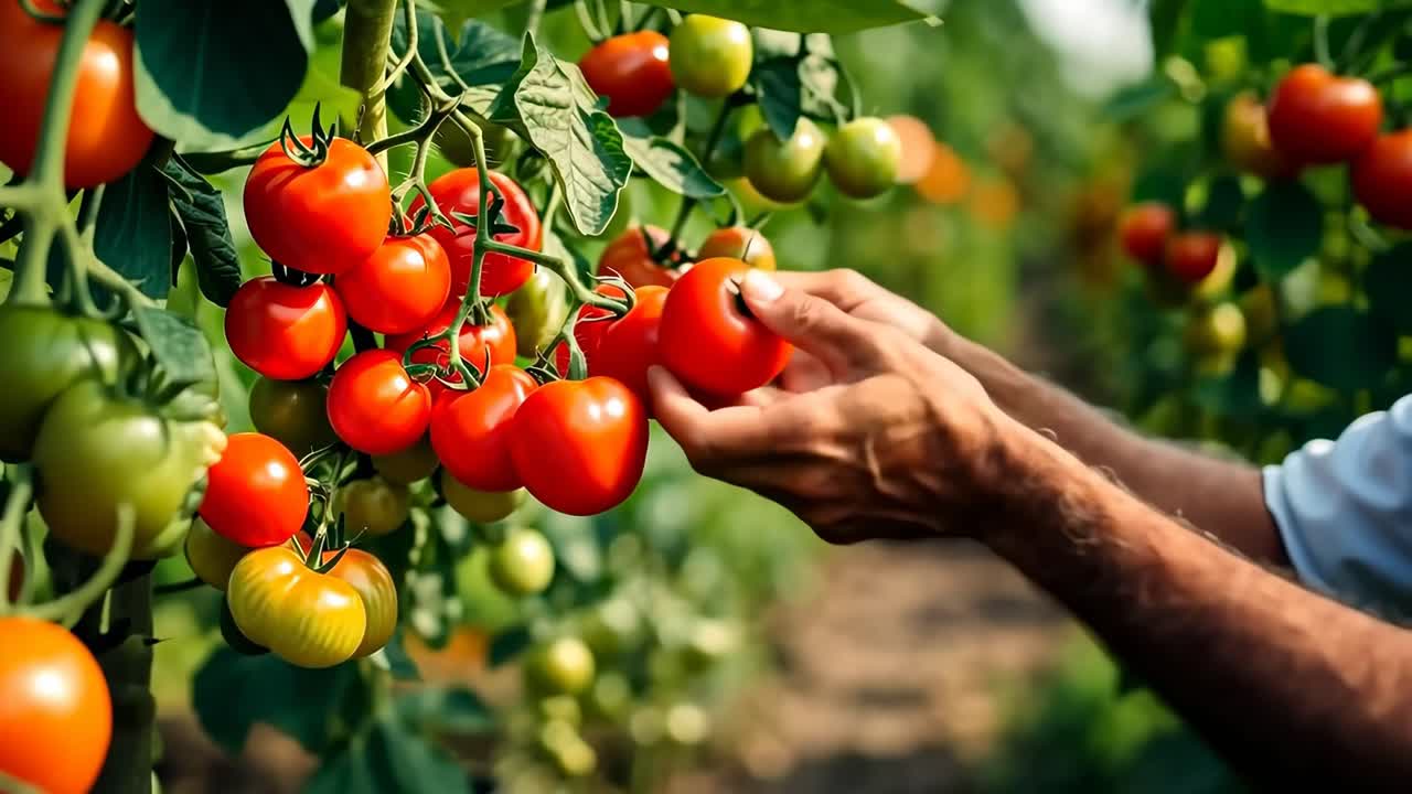Close-up video of hands picking ripe tomatoes in a lush garden, captured from a side angle
