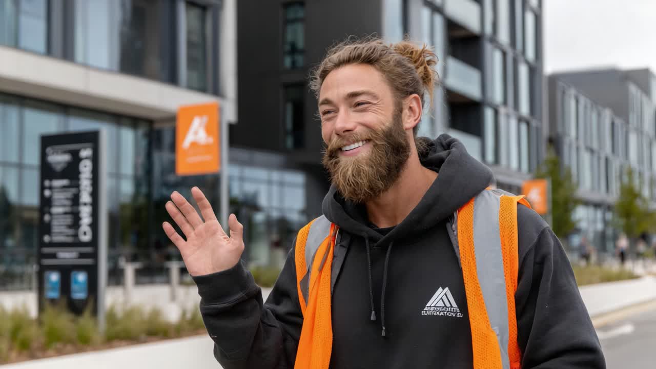 A cheerful worker in a reflective vest, smiling and waving, stands confidently outside modern buildings, showcasing a positive attitude in an urban environment
