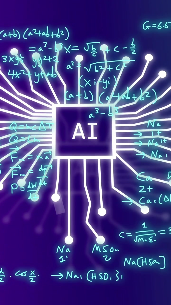 Animation of ai data processing and icon and mathematical formulae
