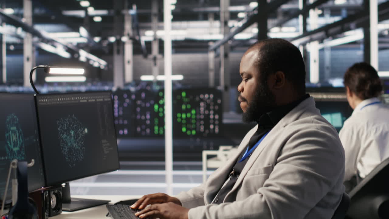 Vertical video Exhausted server farm employee stretching back