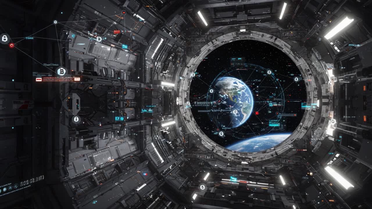 Uno sguardo nello spazio: osservando la Terra attraverso un oblò high-tech in un ambiente fantascientifico con dati complessi e interfacce grafiche che avvolgono la scena.