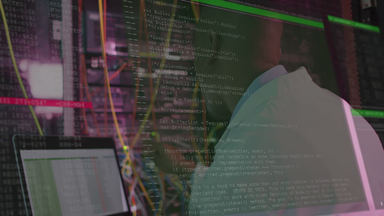 Animation of data processing over african american male worker in server room