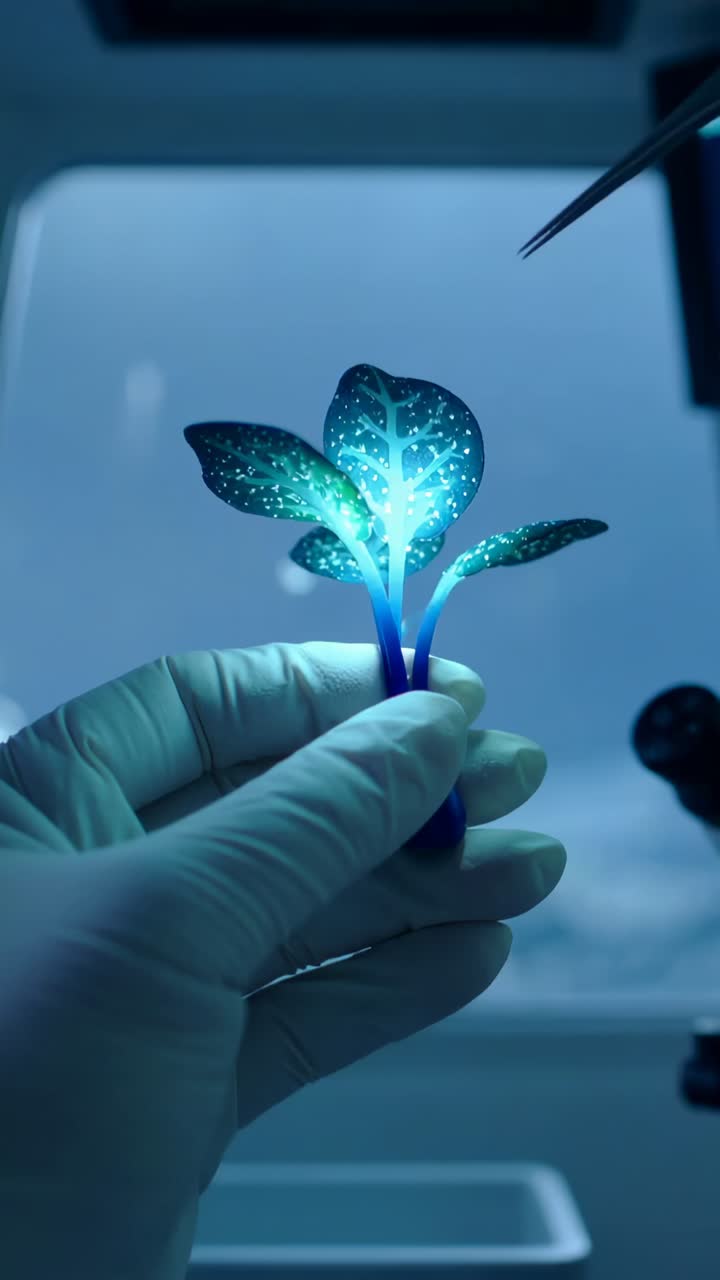 Vertical video: Holding gloved hand with glowing plant in lab, tweezers touching leaf for exam