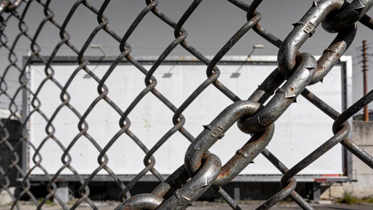 Shifting camera moving heavy chain and fence forward in lot, centering chain, showing trailer