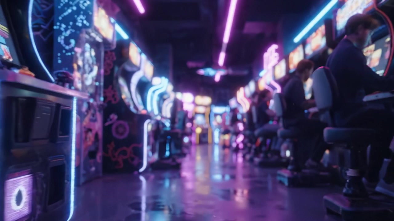 Una Vivace Scena da Sala Giochi con Luci al Neon e Macchine da Gioco Classiche, che Cattura l'Atmosfera di Divertimento ed Eccitazione in un Paradiso del Gioco