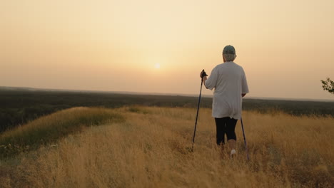 an elderly woman with nordic walking sticks walks forward through a scenic spot