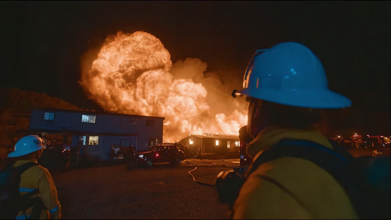 Vigili del Fuoco Osservano una Grande Esplosione e un Incendio di Notte, Evidenziando i Pericoli degli Incendi e la Risposta di Emergenza in Situazioni Critiche