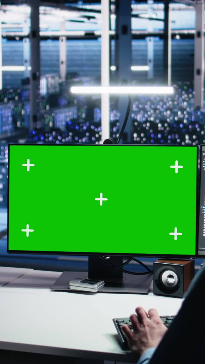 Vertical video Data center engineer using green screen PC to monitor neural network using AI