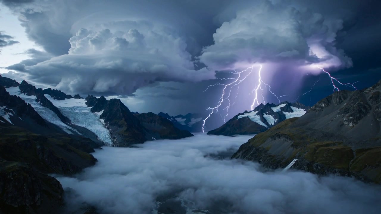 Lyn slår ned i gletsjerdal, oplyser venstre gletsjer, tåge og flod under stormpassage