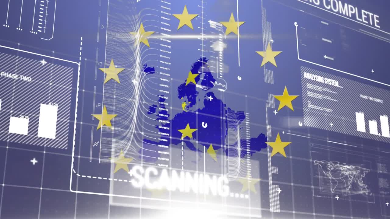 노란색 별이 회전하는 eu 지도 데이터 처리에 대항하여