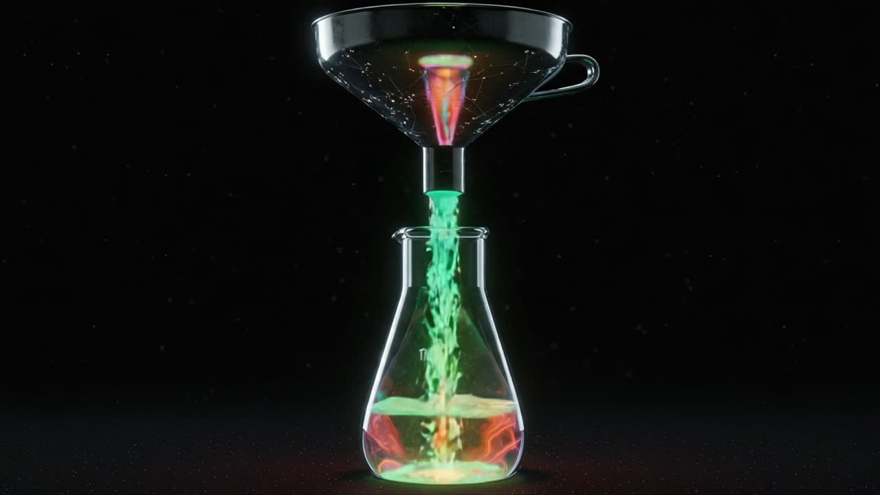A Fascinating Chemical Experiment Demonstrating Colorful Liquid Filtration through a Funnel into a Beaker Captivating the Eye with Vibrant Luminescence and Intriguing Reactions
