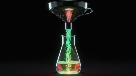 a fascinating chemical experiment demonstrating colorful liquid filtration through a funnel into a beaker captivating the eye with vibrant luminescence and intriguing reactions