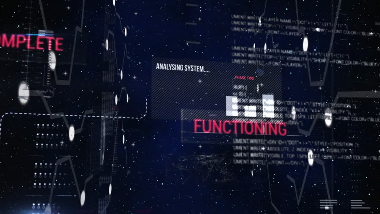 High-tech digital interface animating on starfield backdrop, panels, glowing nodes, scrolling code