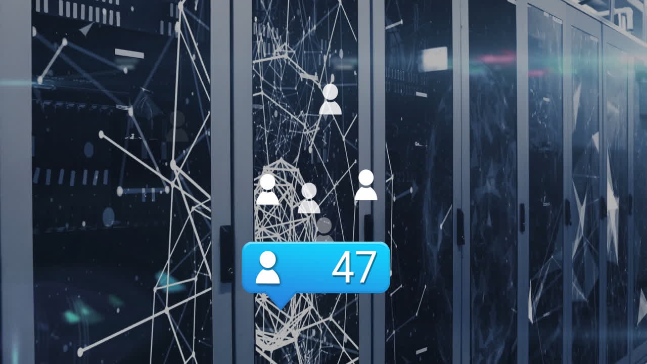 Network connections and user count animation over server room background