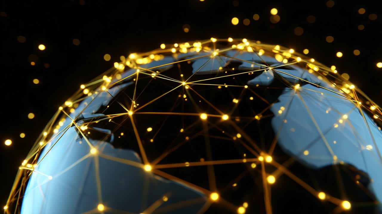 A Stunning Visualization of a Connected World: This Series of Frames Captures the Dynamic Interaction of Global Networks through a Glowing Earth Surrounded by Twinkling Light Points Against a Dark Backdrop