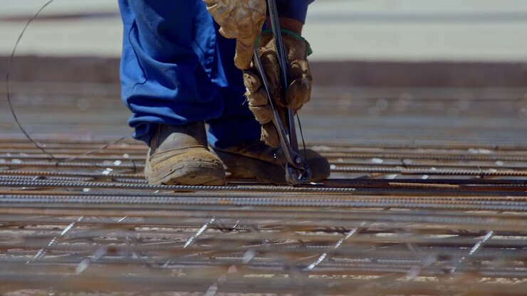 Making a reinforced grid of rebar before pouring a concrete foundation on a large project