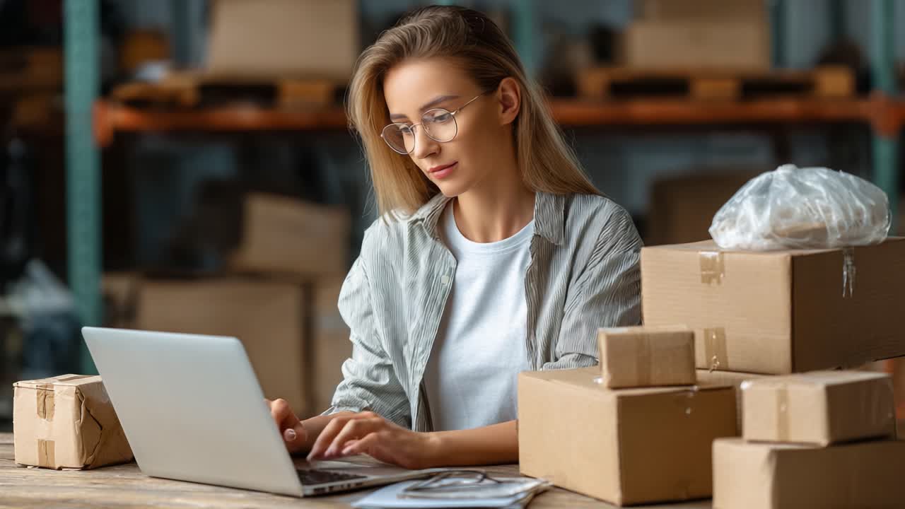 A focused young woman efficiently managing logistics tasks on her laptop amidst stacks of cardboard boxes, highlighting the integration of technology in modern inventory management