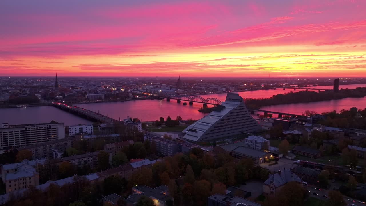 Breathtaking 4K Drone Shot Of Riga's Skyline And Daugava River At Sunrise - 4K.