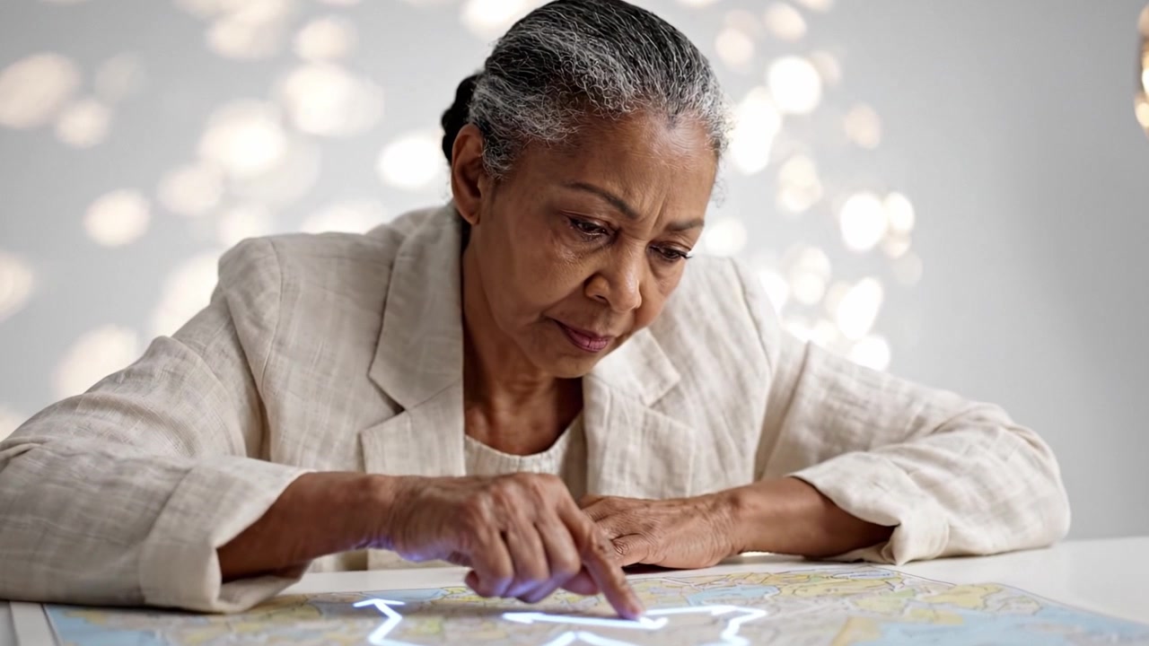Engaged Senior Woman Analyzing a Map While Deep in Thought, Surrounded by Soft Bokeh Lighting for a Reflective and Introspective Atmosphere