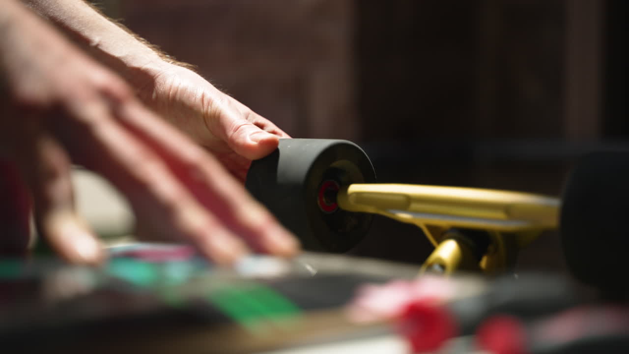 Man's hand puts wheel back onto longboard truck