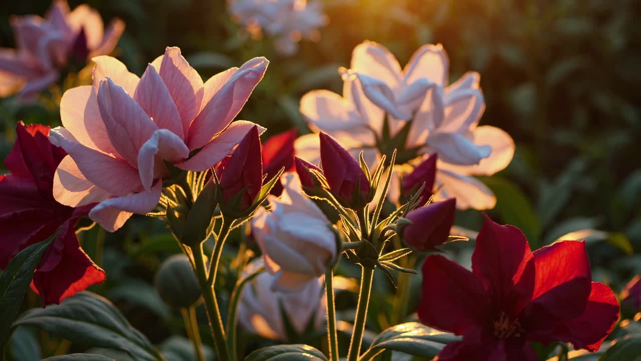 Primi piani di fiori che sbocciano al tramonto, con illuminazione calda e soffusa e colori vivaci