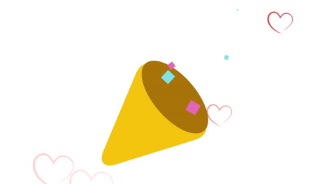 animación digital del icono de party popper sobre múltiples iconos de corazón rojo que caen sobre un fondo blanco