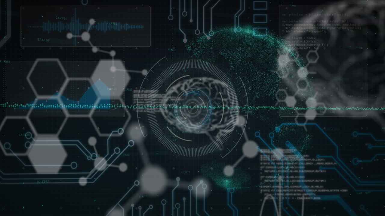 검은 바탕에 데이터 처리와 인간의 두뇌의 애니메이션