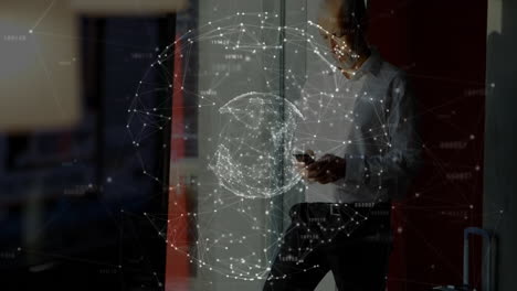 network of connections and data processing animation over man using smartphone