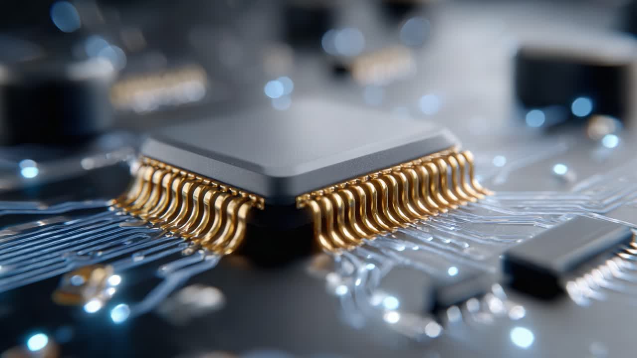 Exploring the Intricate Details of a Circuit Board: Close-Up of a Microchip Surrounded by Fine Gold Connections and Glowing Pathways