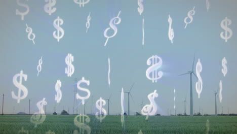 dollar signs animation over wind turbines in green field