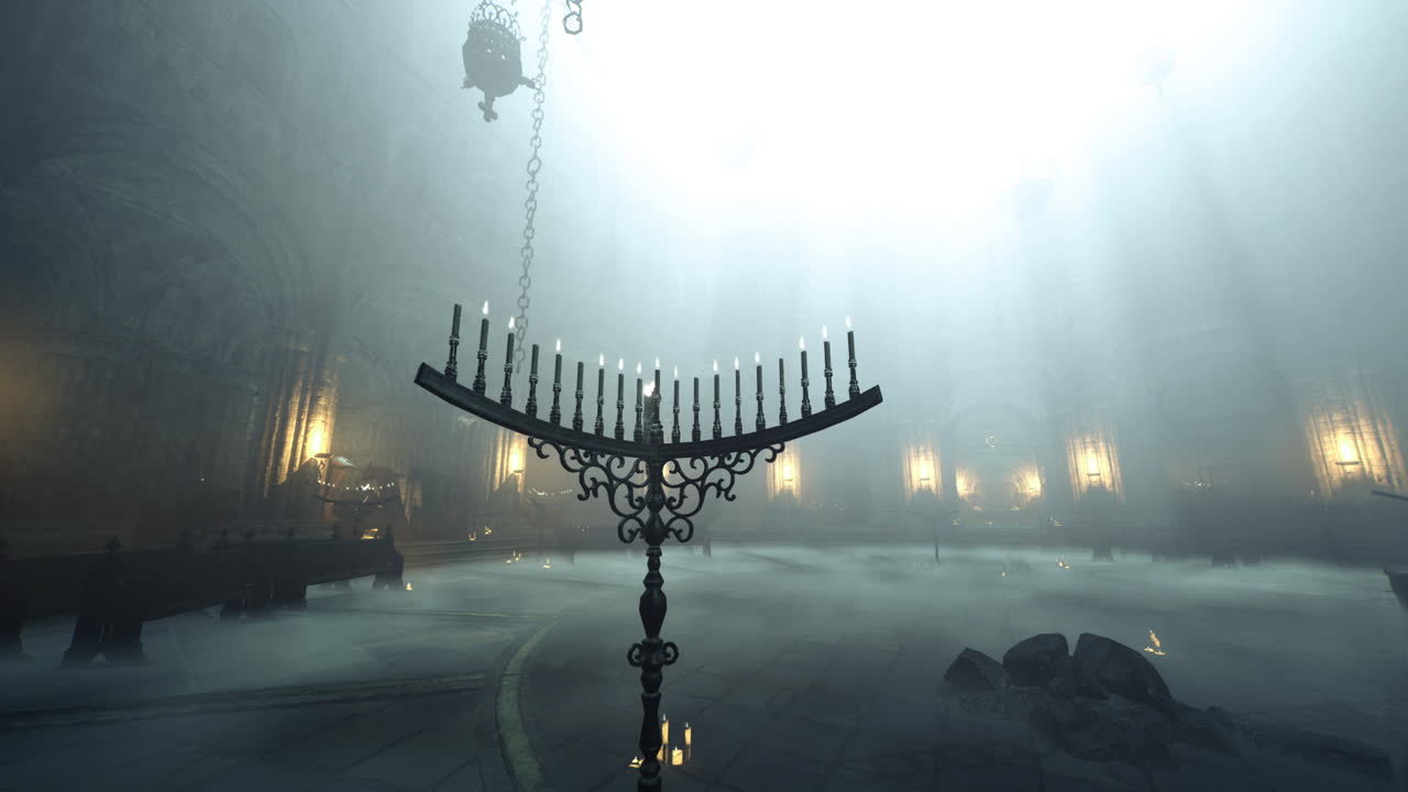 Sala misteriosa illuminata da candele con nebbia e architettura antica all'alba