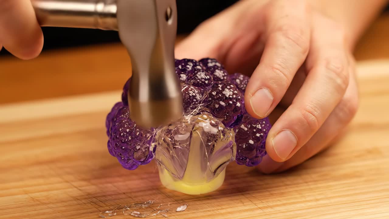 Breaking a purple gelatin dessert