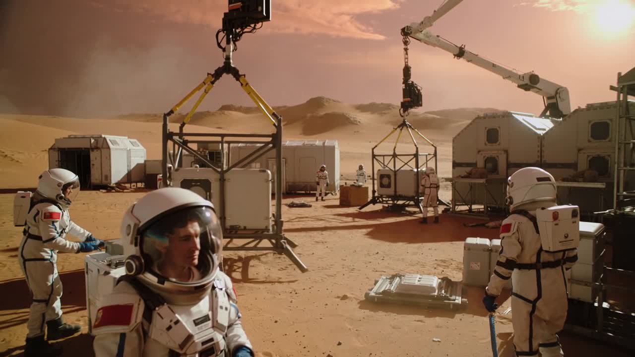 Lowering crane drawing suited crew guiding and placing cubic frames at Mars outpost in white suits
