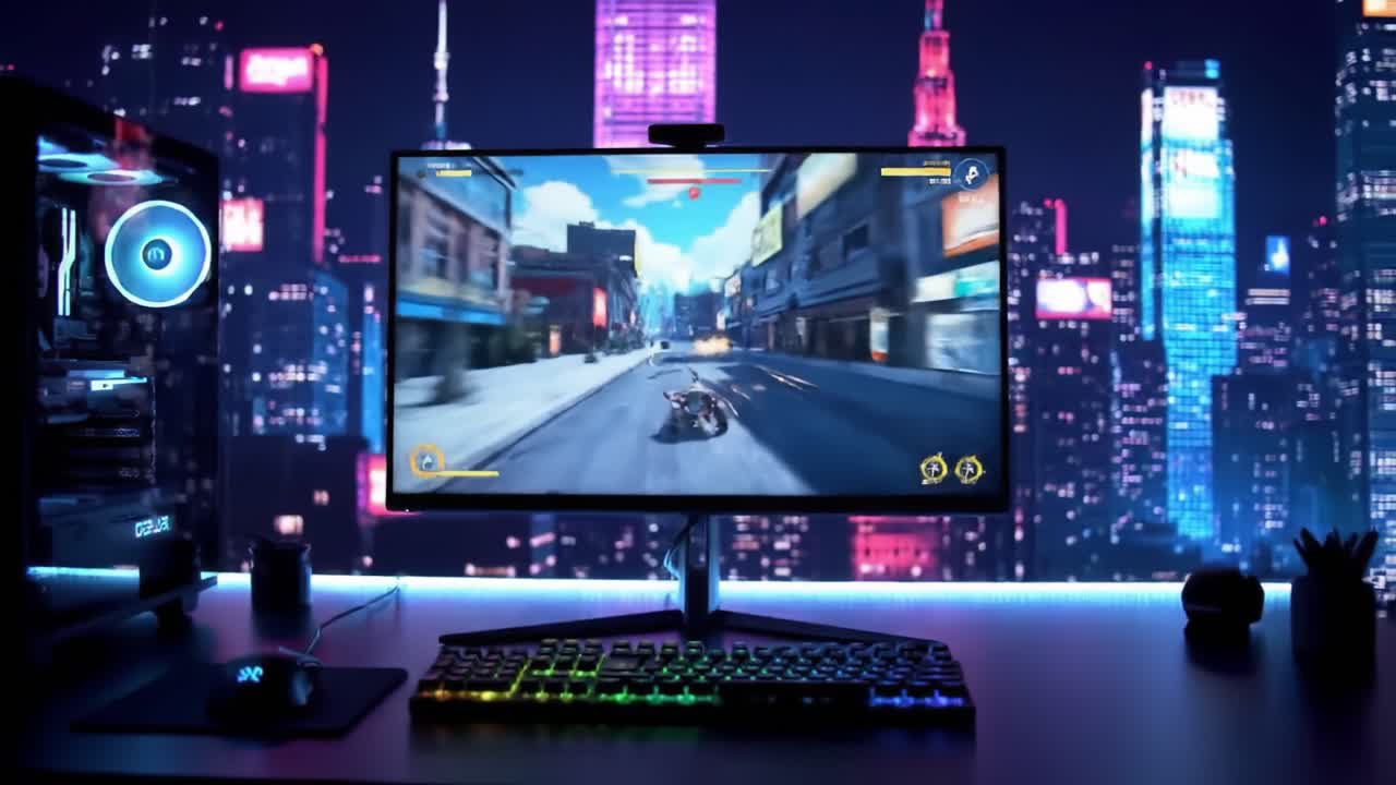 Dynamic Gaming Experience Captured: A Stunning Visual of a High-Performance Computer Setup with a Bright, Futuristic Cityscape in the Background